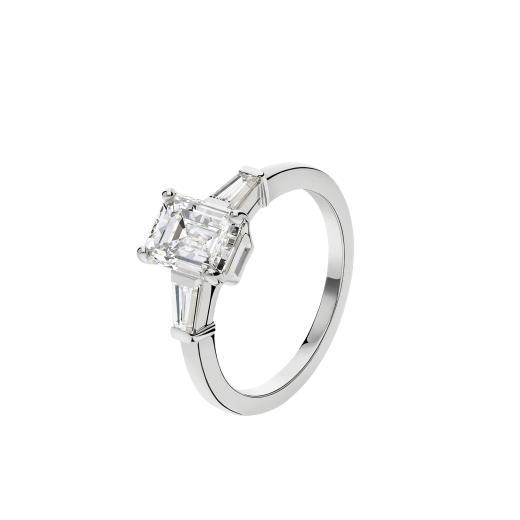 Griffe solitaire ring in platinum with one emerald cut diamond and two side diamonds 331649 image 1
