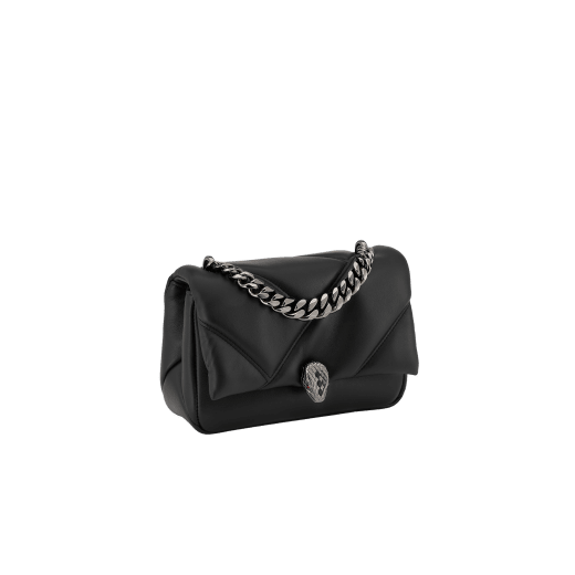 "Serpenti Cabochon" maxi chain crossbody mini bag in soft quilted black calf leather, with a maxi graphic motif, and black nappa leather internal lining. New Serpenti head closure in dark ruthenium-plated brass and finished with small black onyx scales in the middle and red enamel eyes. 1164-NSM image 2