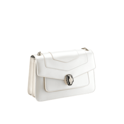 “Serpenti Forever” shoulder bag in white agate calf leather with a varnished and pearled effect. Iconic snake head closure in light gold-plated brass enriched with black and pearled white agate enamel and black onyx eyes. 290273 image 2