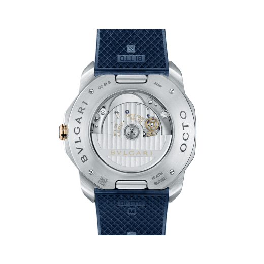 Octo Roma automatic watch with interchangeable blue rubber strap, satin-polished stainless steel case and bracelet, 18 kt rose gold bezel and blue Clous de Paris dial. Mechanical automatic in-house movement. Water-resistant up to 100 metres. 103926 image 9
