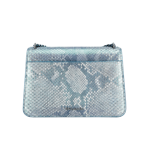 "Serpenti Forever" small maxi chain crossbody bag in Aquamarine light blue "Afterglow" python skin with a pearled effect, and an Aquamarine light blue nappa leather internal lining. New Serpenti head closure in dark ruthenium-plated brass, finished with small grey mother-of-pearl scales in the middle, and red enamel eyes. MCN-AP-A image 3