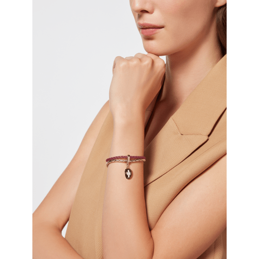 Serpenti Forever bracelet in anemone spinel pinkish red braided calf leather and light gold-plated brass chain with magnetic clasp closure. Captivating snakehead charm with black and white agate enamel scales and black enamel eyes. SERPBRAIDCHAIN-WCL-AS image 2
