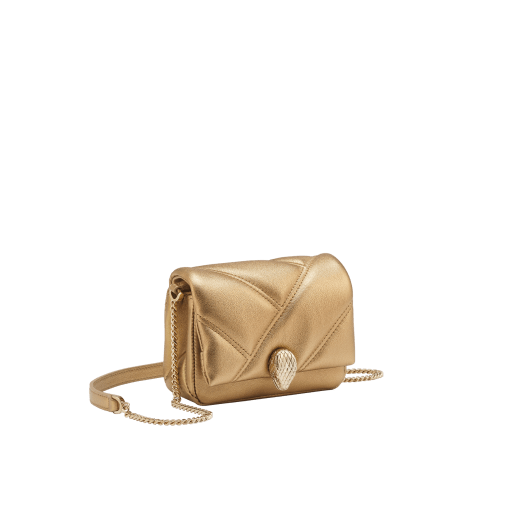 Serpenti Cabochon micro bag in primrose quartz pink calf leather with a maxi quilted pattern and anemone spinel pinkish-red nappa leather interior. Captivating magnetic snakehead closure in light gold-plated brass embellished with red enamel eyes. SCB-NANOCABOCHONc image 1