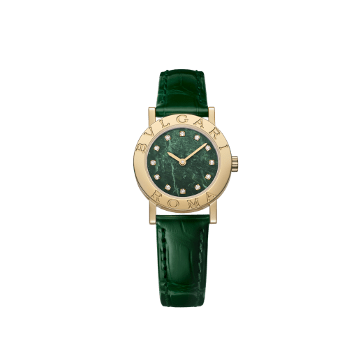 Bvlgari Bvlgari 50th Anniversary Limited Edition watch with 18 kt yellow gold case and bezel engraved with BVLGARI ROMA logo, Verde Alpi green marble dial, 12 diamond indexes and dark green alligator bracelet. Water-resistant up to 30 metres 104111 image 1