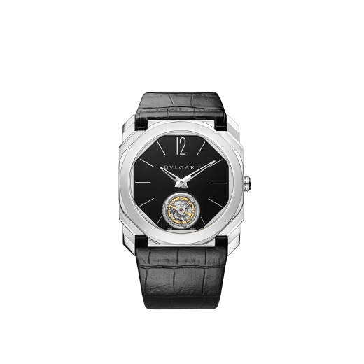 Octo Finissimo Tourbillon watch with extra thin mechanical manufacture movement and manual winding, platinum case, black lacquered dial and black alligator bracelet. 102138 image 2