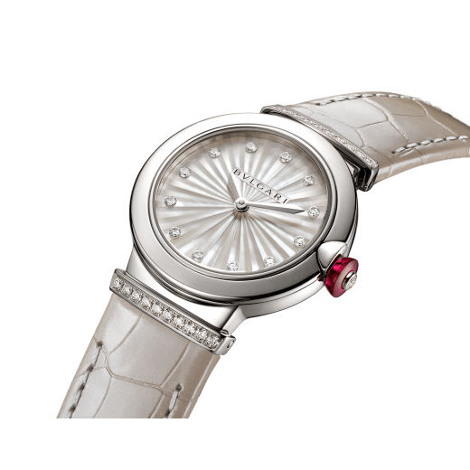 LVCEA watch with stainless steel case, white mother-of-pearl Intarsio marquetry dial, diamond indexes, stainless steel links set with diamonds and gray alligator bracelet and steel ardillon buckle. 103367 image 2