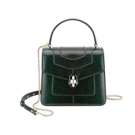“Serpenti Forever” top-handle bag in shiny Forest Emerald green karung leather with Zircon-bay blue grosgrain inner lining. Iconic snakehead closure in light gold-plated brass embellished with black and agate-white enamel and green malachite eyes 1122-SK image 1