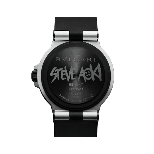 Bvlgari Aluminium Steve Aoki Limited Edition watch with mechanical movement with automatic winding, 40 mm aluminium and titanium case, black rubber bezel with BVLGARI BVLGARI engraving, white dial coated with green SLN and featuring a special Steve Aoki logo that glows in the dark and a black rubber bracelet. Water-resistant up to 100 meters 103539 image 5