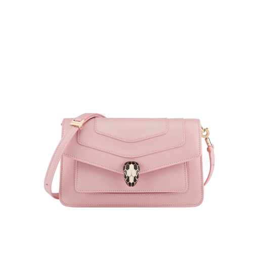 Serpenti Forever East-West small shoulder bag in primrose quartz pink calf leather, with heather amethyst pink grosgrain lining. Captivating magnetic snakehead closure in light gold-plated brass embellished with black and white agate enamel scales and black onyx eyes. 1237-Cla image 1