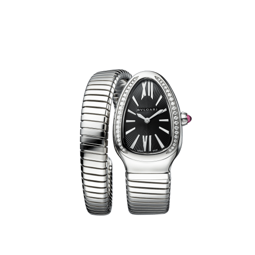 Serpenti Tubogas single spiral watch with stainless steel case and bracelet, bezel set with brilliant-cut diamonds and black dial with guilloché soleil treatment. Water-resistant up to 30 metres. Large size SERPENTI-TUBOGAS-1T-BlackDialDiam image 1