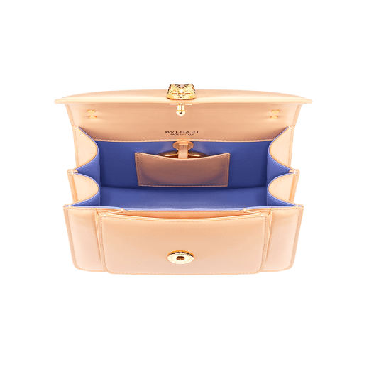 "Serpenti Forever" small maxi chain crossbody bag in peach nappa leather, with Lavander Amethyst lilac nappa leather internal lining. New Serpenti head closure in gold plated brass, finished with small pink mother-of-pearl scales in the middle and red enamel eyes. 1134-MCNa image 4
