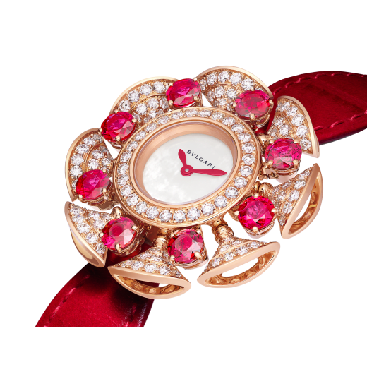 DIVAS' DREAM High Jewellery watch with 18 kt rose gold case set with round brilliant-cut diamonds (F-G VVS, ~2 ct) and 8 brilliant-cut rubies (~3.6 ct), mother-of-pearl dial and red alligator bracelet. Water-resistant up to 30 metres. 103754 image 2