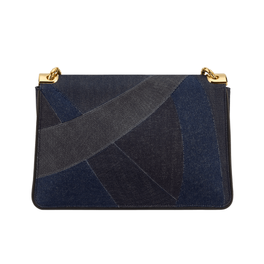 Serpenti Forever large shoulder bag in blue Patch Denim with emerald green nappa leather lining. Captivating snakehead magnetic closure in gold-plated brass embellished with black enamel and gold-plated brass scales, and black onyx eyes. 293464 image 3