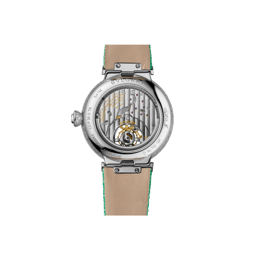 LVCEA Tourbillon Limited Edition watch with mechanical manufacture movement, automatic winding, see-through tourbillon, 18 kt white gold case set with round brilliant-cut diamonds, full-pavé dial with round brilliant-cut diamonds and green colour finish, and green galuchat bracelet 103039 image 3