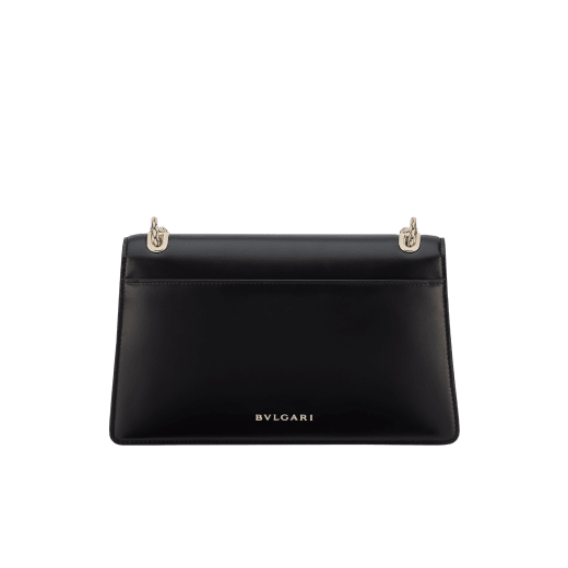 Serpenti Forever medium shoulder bag in black calf leather with black nappa leather lining. Captivating snakehead magnetic closure in light gold-plated brass embellished with beige noisette enamel and light gold-plated brass scales, and black onyx eyes. SEA-001-1344M image 2