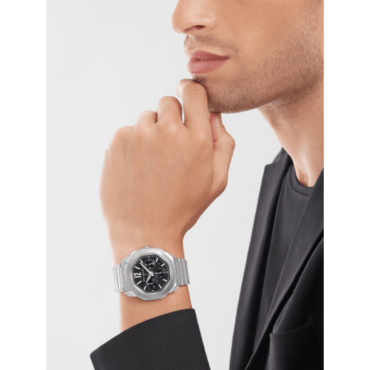 Octo Roma Chronograph watch with mechanical manufacture movement, automatic winding and chronograph functions, satin-brushed and polished stainless steel case and interchangeable bracelet, black Clous de Paris dial. Water-resistant up to 100 metres. 103471 image 1