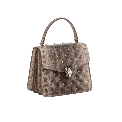 Serpenti Forever small top handle bag in foggy opal grey shiny karung Cabochon skin with crystal rose nappa leather lining. Captivating snakehead magnetic closure in light gold-plated brass embellished with black enamel and light gold-plated brass scales, and black onyx eyes. 293334 image 2