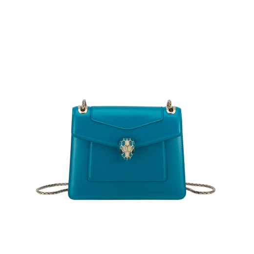 Serpenti Forever Day-to-Night small shoulder bag in emerald green calf leather with black nappa leather lining. Captivating snakehead magnetic closure in light gold-plated brass embellished with deep jade intense green enamel and light gold-plated brass scales, and black onyx eyes. SEA-1281-CL image 1