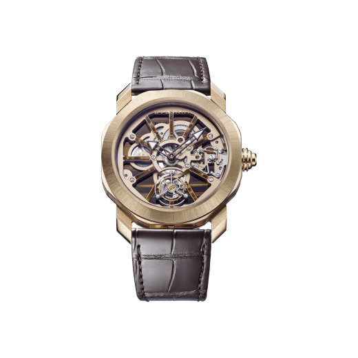 Octo Roma Naturalia watch with mechanical manufacture movement, manual winding and flying tourbillon, satin-polished 18 kt rose gold case, tiger's eye middle case, caliber and bar-indexes, transparent case back and brown alligator bracelet. Water-resistant up to 50 meters. 103675 image 1
