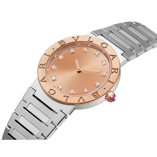BULGARI BULGARI watch with satin-polished stainless steel case and bracelet, 18 kt rose gold bezel engraved with the double BULGARI logo, orange lacquered sunray dial and 12 diamond indexes. Water-resistant up to 30 metres. Resort Limited Edition of 100 pieces. 103682 image 2