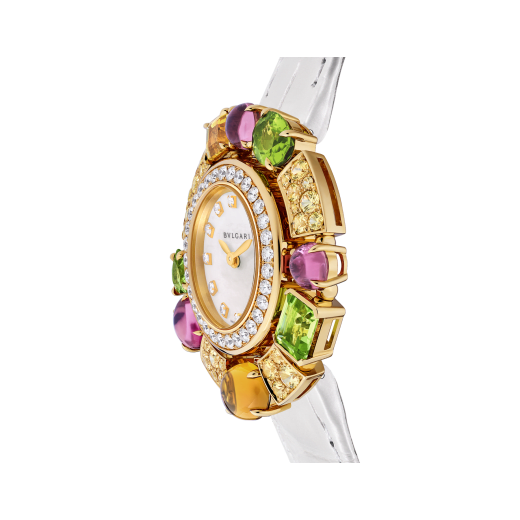 Allegra watch with 18 kt rose gold case set with brilliant-cut diamonds, 32 yellow sapphires, 3 pink tourmalines, 2 citrines and 3 peridots, mother-of-pearl dial, 12 diamond indexes and a white iridescent alligator bracelet. Water-resistant up to 30 meters 103714 image 3
