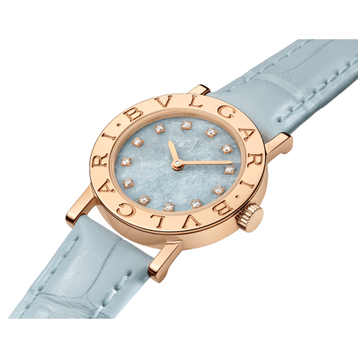 Bvlgari Bvlgari watch with 18 kt rose gold case and bezel engraved with double logo, icy blue marble dial, 12 diamond indexes and light blue alligator bracelet. Water-resistant up to 30 metres 104191 image 2