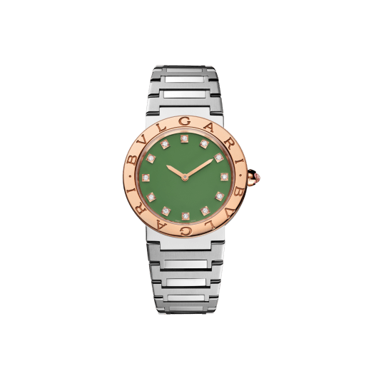 Bvlgari Bvlgari 腕錶，精鋼材質，18K 玫瑰金錶圈鐫刻雙品牌標誌，綠色漆面錶盤，12 個鑽石時標。防水深度 30 公尺。七夕情人節特別版腕錶。 103915 image 1