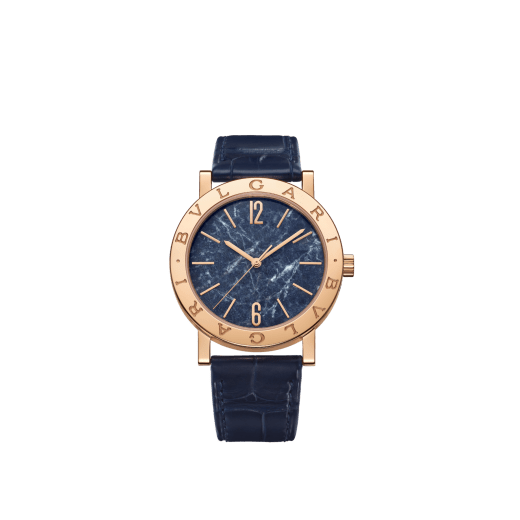 Bvlgari Bvlgari watch with mechanical automatic in-house movement, 18 kt rose gold case and bezel engraved with double logo, blue marble dial and blue alligator bracelet. Water-resistant up to 50 metres 104113 image 1