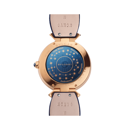 DIVAS' DREAM watch with mechanical manufacture movement, automatic winding, 18 kt rose gold case set with round brilliant-cut diamonds and sapphires, aventurine rotating discs with diamonds and printed constellations and dark blue alligator bracelet 102843 image 4