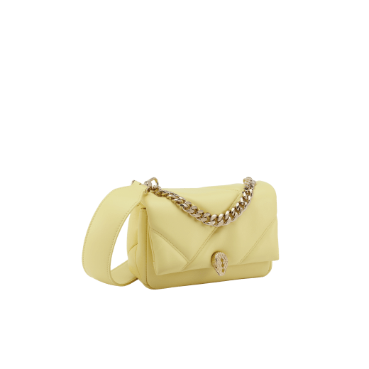 "Serpenti Cabochon" maxi chain crossbody mini bag in soft quilted Ivory Opal white calf leather, with a maxi graphic motif, and black nappa leather internal lining. New Serpenti head closure in gold-plated brass, finished with small white mother-of-pearl scales in the middle, and red enamel eyes. 1164-MSMa image 2