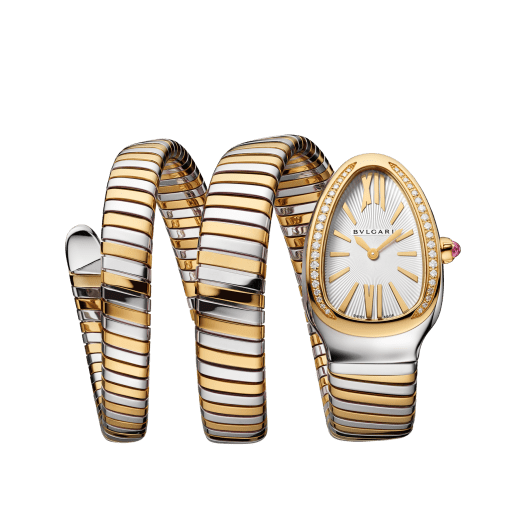 Serpenti Tubogas double-spiral watch in 18 kt yellow gold and stainless steel with diamond-set bezel and silver opaline dial with guilloché soleil treatment. Water-resistant up to 30 meters 103797 image 1
