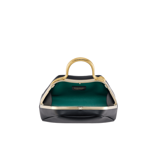 Serpentine mini top handle bag in black smooth calf leather with emerald green nappa leather lining. Captivating snake body-shaped top handle in gold-plated brass embellished with engraved scales and red enamel eyes, press-button closure and light gold-plated brass hardware. SRN-1291 image 4