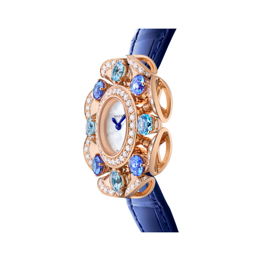 DIVAS' DREAM watch with 18 kt rose gold case set with round brilliant-cut diamonds, topazes and tanzanites, white mother-of-pearl dial and blue alligator bracelet. Water resistant up to 30 metres 103752 image 2