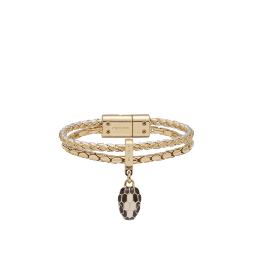 Bracciale Serpenti Forever in vitello intrecciato oro e argento con catena in ottone placcato oro chiaro e chiusura magnetica a scatto. Accattivante ciondolo Serpenti con squame in smalto nero e bianco agata e occhi in smalto nero. SERPBRAIDCHAIN-WCL-GS image 1