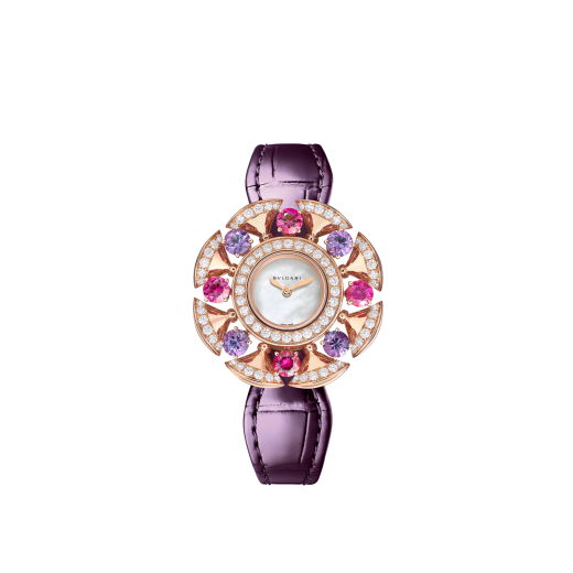 Orologio Divas' Dream con cassa in oro rosa 18 kt con diamanti tondi taglio brillante, ametiste e tormaline, quadrante in madreperla bianca e cinturino in alligatore viola. Impermeabile fino a 30 metri. 103753 image 1