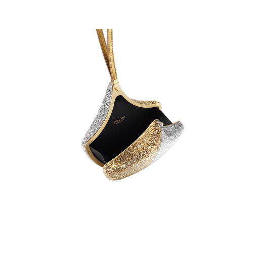 Ginkgo clutch in gold and silver Neige Pavé Crystals applied on suede with black nappa leather lining, and leather wristlet. DAS-001-1320S-CRYS image 3