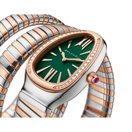 Serpenti Tubogas double-spiral watch in 18 kt rose gold and stainless steel with diamond-set bezel and green lacquered soleil dial. Water-resistant up to 30 metres SERPENTI-TUBOGAS-2T-greenDialDiam image 2