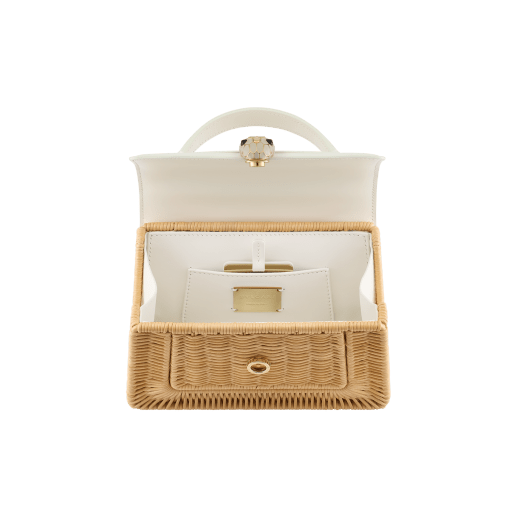 Serpenti Forever mini top handle bag in natural woven wicker with Perla White calf leather details and Perla White nappa leather lining. Captivating snakehead magnetic closure in gold-plated brass embellished with Perla White enamel and gold-plated brass scales, and black onyx eyes. 294676 image 3