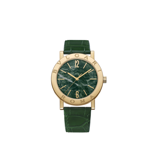 Bvlgari Bvlgari 50th Anniversary Limited Edition watch with mechanical automatic in-house movement, 18 kt yellow gold case and bezel engraved with BVLGARI ROMA logo, Verde Alpi green marble dial and dark green alligator bracelet. Water-resistant up to 50 metres 104112 image 1