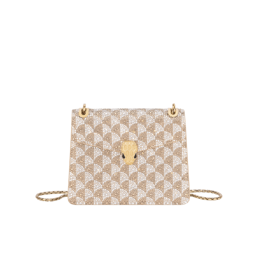 Serpenti Forever Day-to-Night small shoulder bag with a topaz and platinum Calla Crystals pattern applied on suede, and a bright Travertino nappa leather lining. Captivating snakehead magnetic closure in gold-plated brass embellished with diamond-cut engraving on the scales, and black onyx eyes. 295103 image 1