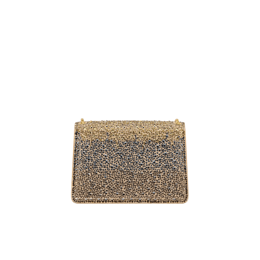 Serpenti Forever mini crossbody bag in natural suede with different-size gold crystals and black nappa leather lining. Captivating magnetic snakehead closure in gold-plated brass embellished with "diamantatura" engraving on the scales and black onyx eyes. 986-CDS image 3