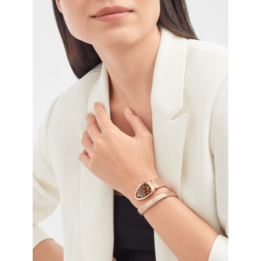 Tadao Ando x Bvlgari Serpenti Tubogas Limited Edition single-spiral watch in 18 kt rose gold with pavé diamonds on the bezel and tiger's eye dial. Water-resistant up to 30 metres. 104003 image 2