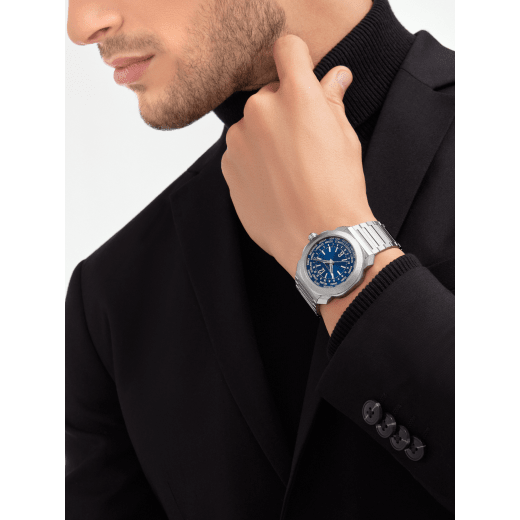 Octo Roma WorldTimer watch with mechanical manufacture movement, automatic winding, World Timer, 24 time zones and 24-hour indicator, satin-brushed and polished stainless steel case and bracelet with triple-blade folding clasp, blue sunburst dial, stainless steel screw-down crown set with ceramic inlay and transparent caseback. Water-resistant up to 100 metres 103481 image 5