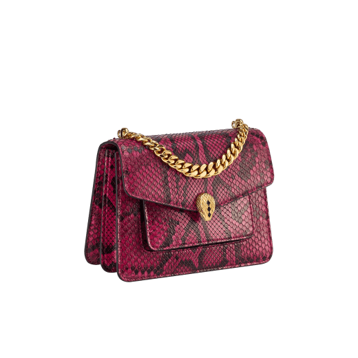 Serpenti Forever Maxi Chain small crossbody bag in anemone spinel pinkish red soft shiny python skin with black nappa leather lining. Captivating magnetic snakehead closure in gold-plated brass embellished with black onyx scales and red enamel eyes. 1134-SSP image 2