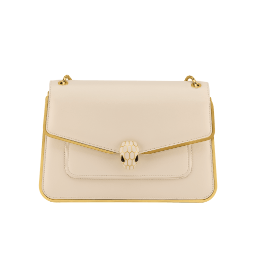 Serpenti Forever medium shoulder bag in black Metropolitan calf leather with light gold-plated brass frames and black nappa leather lining. Captivating snakehead magnetic closure in light gold-plated brass embellished with black enamel scales, and black onyx eyes. 1077-MF image 1