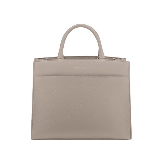 Bulgari Logo medium tote bag in foggy opal grey smooth and grained calf leather with linen agate beige grosgrain lining. Iconic Bulgari logo decorative chain in light gold-plated brass, with hook fastening. 291956 image 3