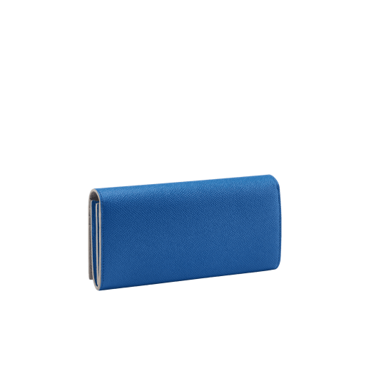 Bulgari Clip large wallet in Sahara amber light brown grained calf leather with denim sapphire blue grained calf leather interior. Iconic palladium-plated brass clip and folded closure. BCM-WLT-SLI-POC-Clb image 3