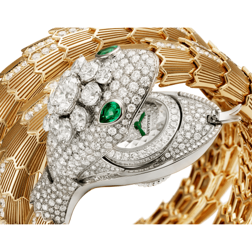 Serpenti Misteriosi High Jewellery secret watch with mechanical manufacture micro-movement with manual winding, 18 kt white and yellow gold case and bracelet set with brilliant-cut diamonds and two pear-cut emeralds and pavé-set diamond dial. 103561 image 3