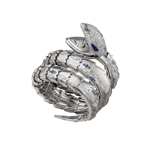 Serpenti Secret Watch with 18 kt white gold head set with brilliant cut diamonds, brilliant cut sapphires and lapis lazuli eyes, 18 kt white gold case, 18 kt white gold dial and double spiral bracelet, both set with brilliant cut diamonds and brilliant cut sapphires. 102000 image 1