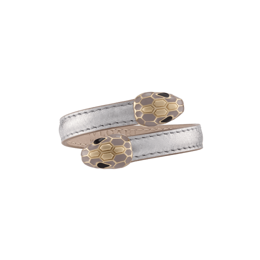 Serpenti Forever soft bangle bracelet in silver Striated calf leather. Captivating contraire snakehead motif in light gold-plated brass embellished with brushed grey enamel and light gold-plated scales, and black enamel eyes. SERPSOFTCONTR-LG image 1